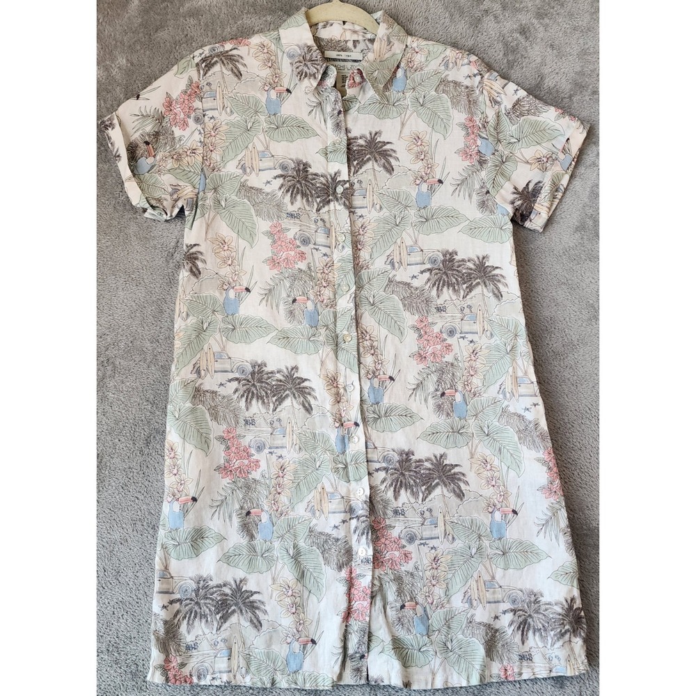 Rachel Zoe Dress Womens Small Multi Tropical Button Front Linen Shirt Dress